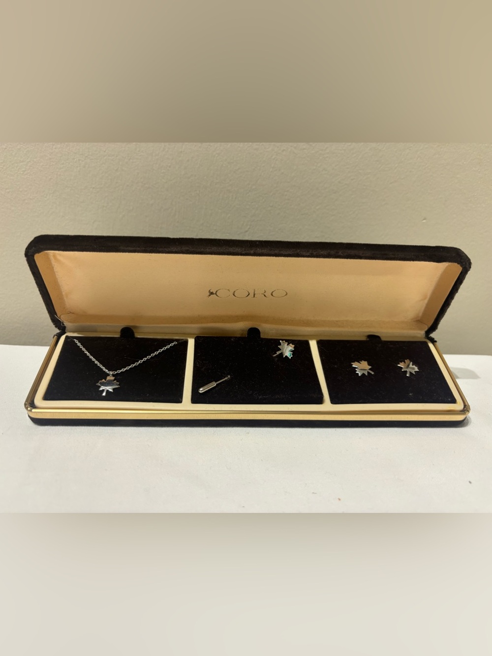 Vintage Coro Silver Maple Leaf Necklace, Earrings, & Pin Set